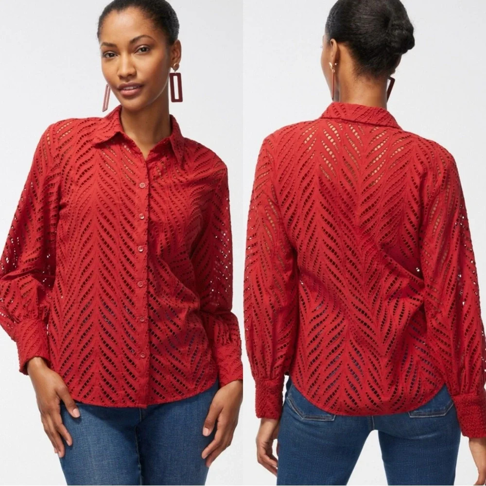 Chico's Red/Rust Eyelet Point-Collar Button-Down - Picture 2 of 15